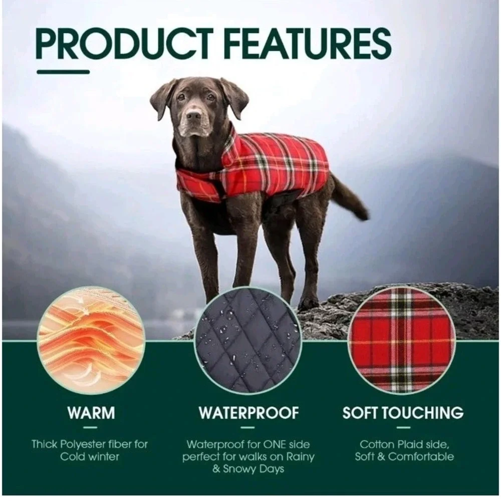 Stylish‎ Waterproof Winter Dog Coat Small - Adjustable & Reversible Plaid Jacket